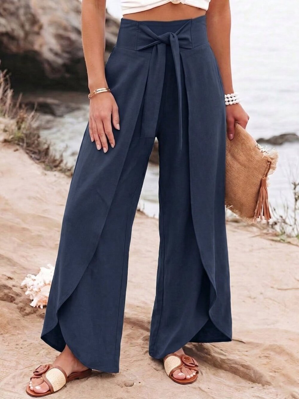 Navy Blue Elegant Women's Casual Vacation Home Design Split Wide Leg Pants